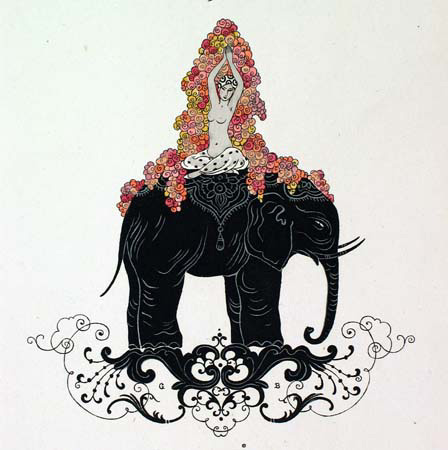 illustration of elephant with a topless woman in harem pants sitting on its back surrounded by flowers