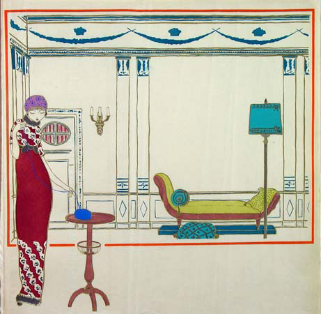 illustration of woman in a deco room with a chaise longe, lamp and side table