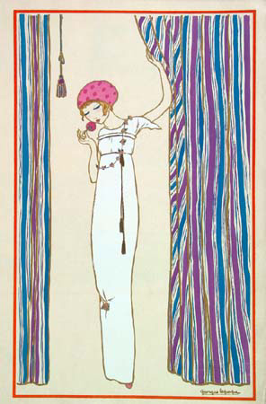 illustration of woman in a doorway between striped curtains