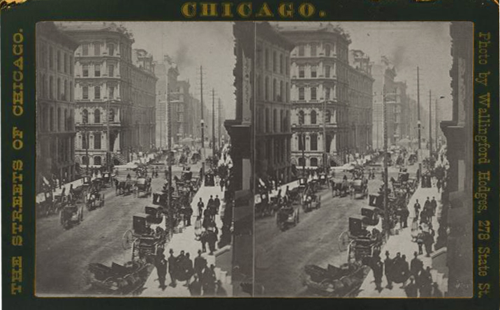 black and white stereoscope image of a street in chicago with buggie carts and people walking down the sidewalk